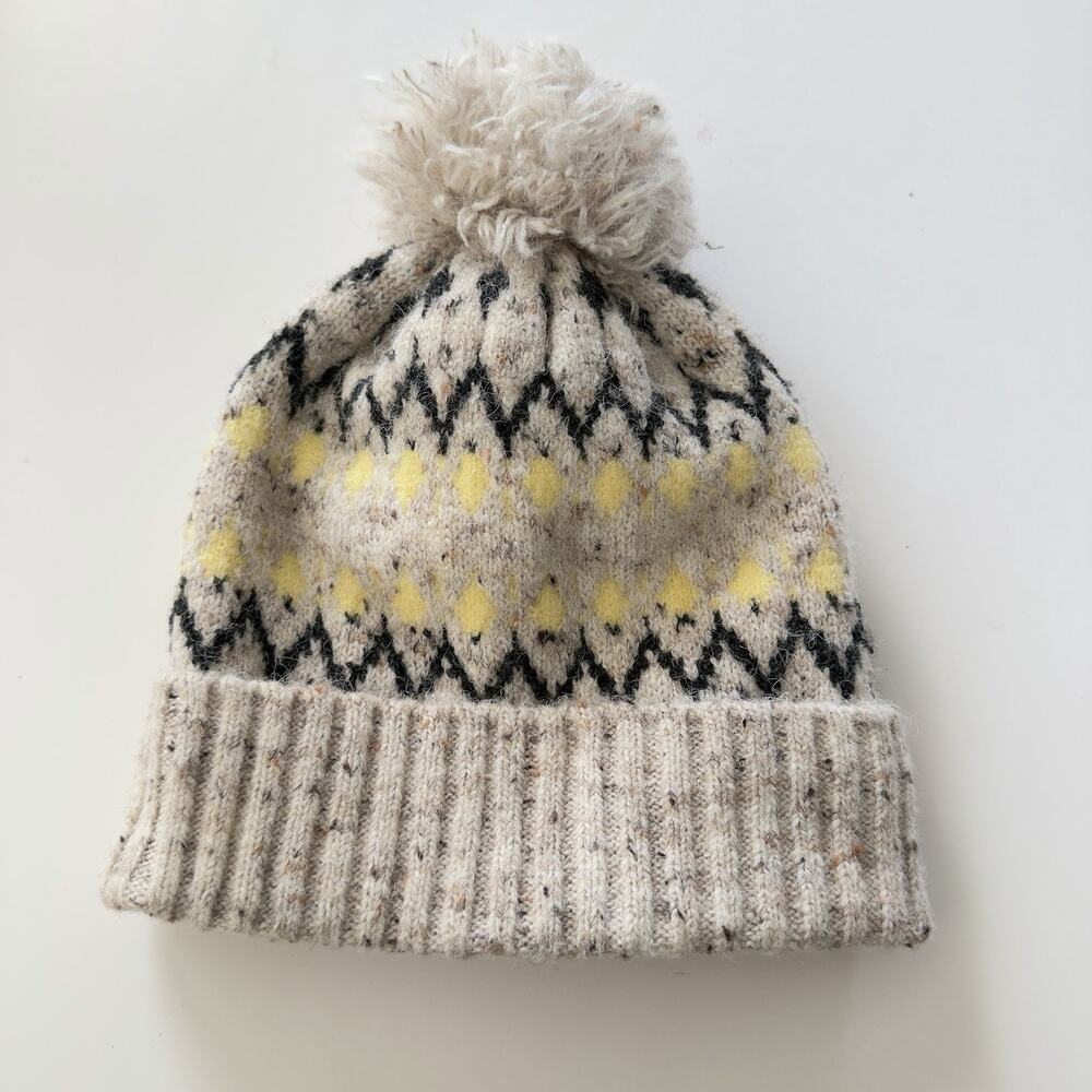 Universal Thread Fair Isle Knit Beanie - Tweedy Beige Yellow Winter Pom Pom Hat